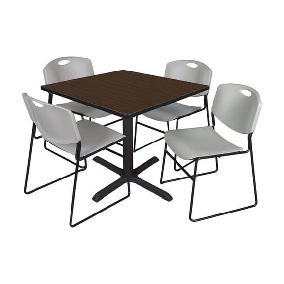 Regency Cain 36 in. Square Breakroom Table- Neo Walnut & 4 Zeng Stack Chairs- Grey