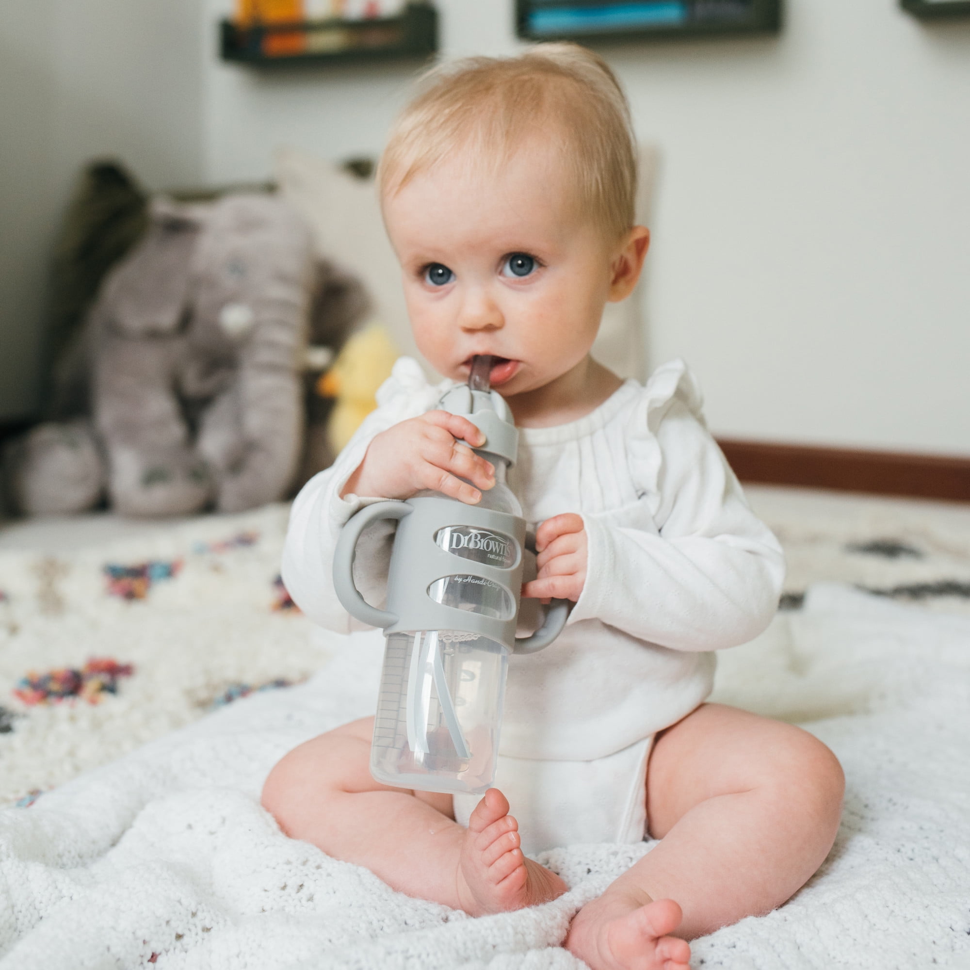 Dr. Brown's Milestones Narrow Sippy Straw Bottle, 100% Silicone Handles, 9oz/270ml, 6m+, Gray, 1 Pack