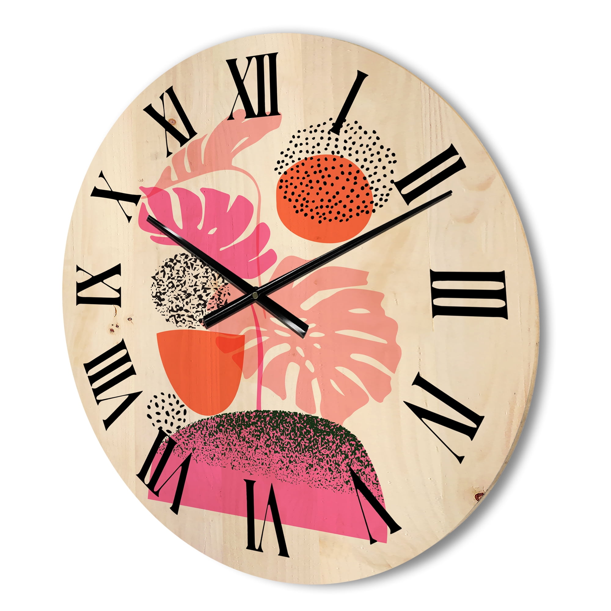 Designart 'Geometric Sun and Moon Shapes With Tropical Leaves' Modern Wood Wall Clock