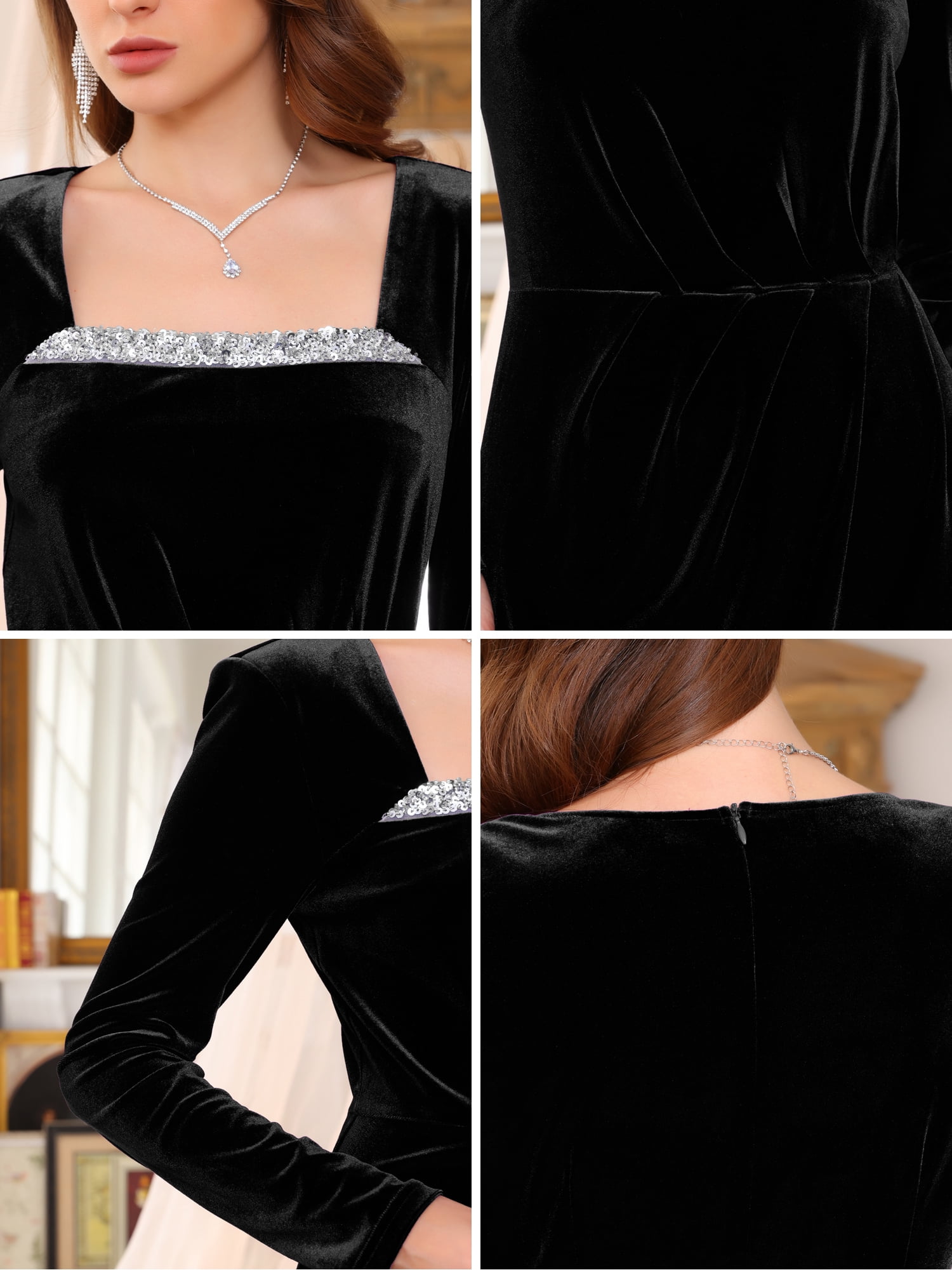DARING DIVA Women's Formal Ruched Sequin Neck Cocktail Velvet Dress L Black