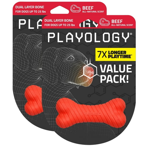Playology Dog Toys | Durable Chew Toy Dual Layer Bone, Beef Scented Toy - Small 2-Pack