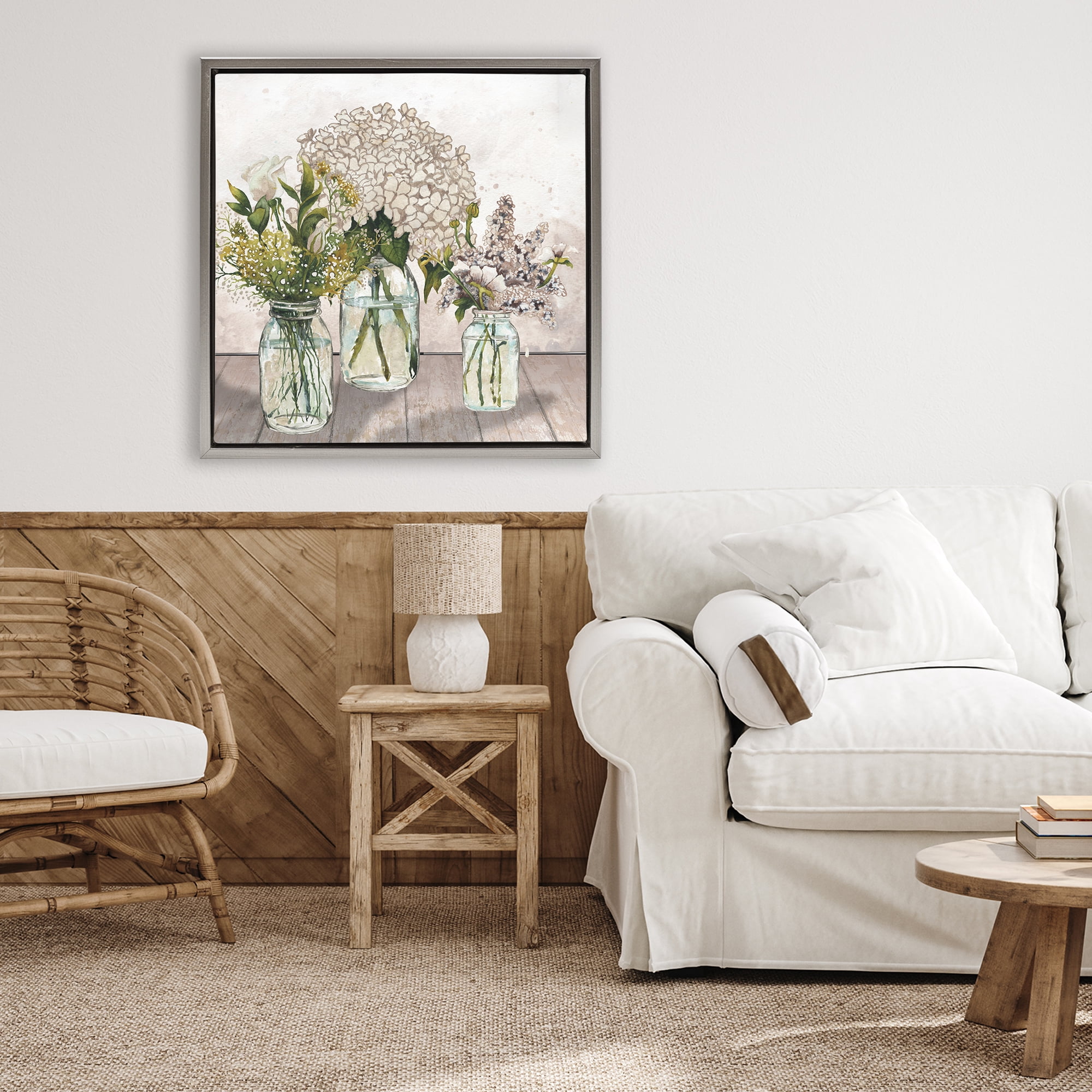 Stupell Industries Jars Of Wildflowers Gray Framed Floater Canvas Wall Art, design by Elizabeth Medley