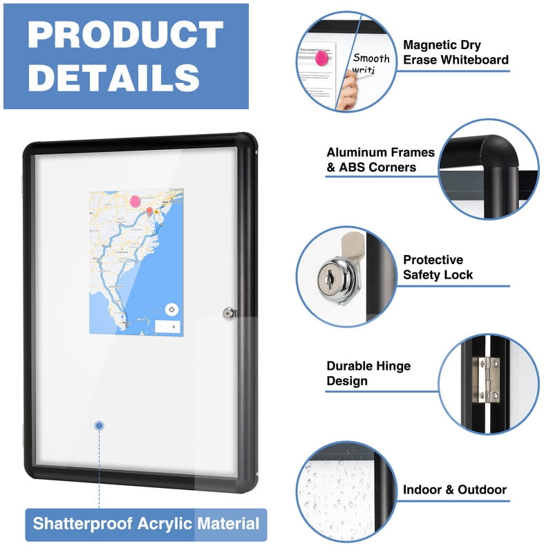 Enclosed Lockable 26"x20" Magnetic Whiteboard Cabinet for Wall Outdoor Use Noticeboard Tamperproof Dry Erase Cabinet for Wall Office with 4 Magnets, Black Aluminium Framed