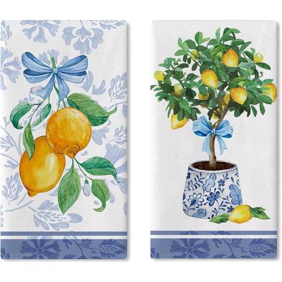 Italy Capri Lemon Tree Kitchen Dish Towels Set of 2, Amalfi Coast Citrus Blue White Porcelain Drying Hand Towel Baking Cooking Cloth, Summer Mediterranean Bow Bathroom Home Decor 18'' x 26''