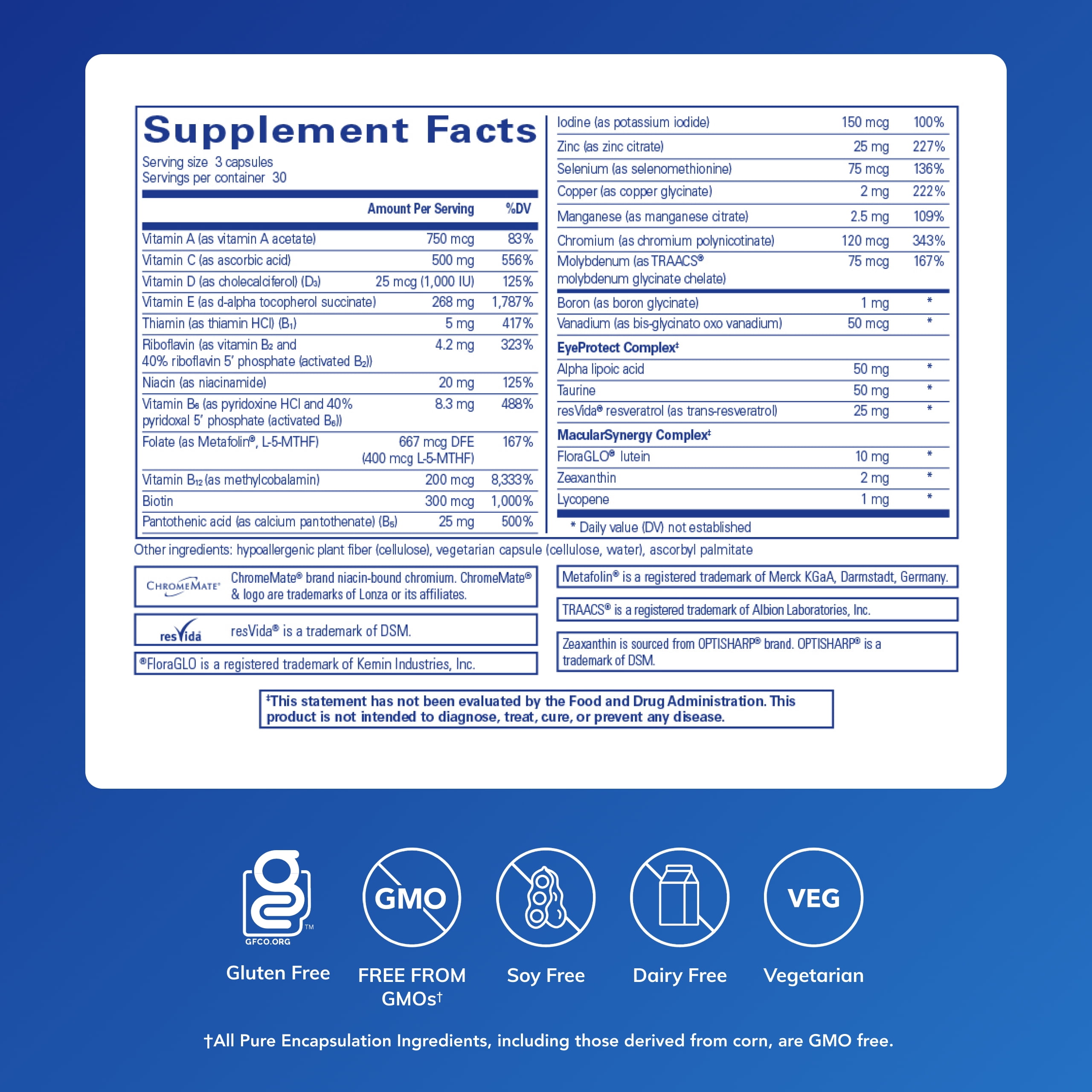 Pure Encapsulations VisionPro Nutrients | Hypoallergenic Multivitamin/Mineral Complex for Maintaining Healthy Vision* | 90 Capsules