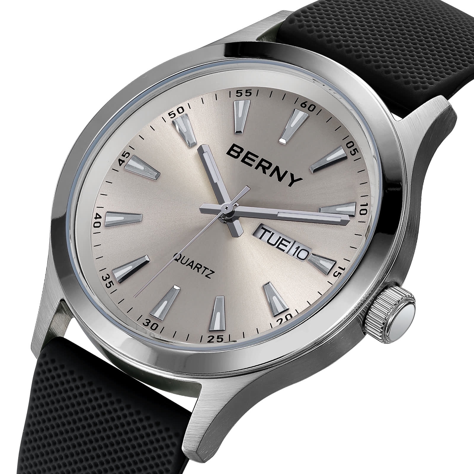 BERNY Quartz Watch for Men, Fashion Sports Men Watches with Silicone Strap, Date & Day Calendar, Casual Waterproof Men's Watch, Gray