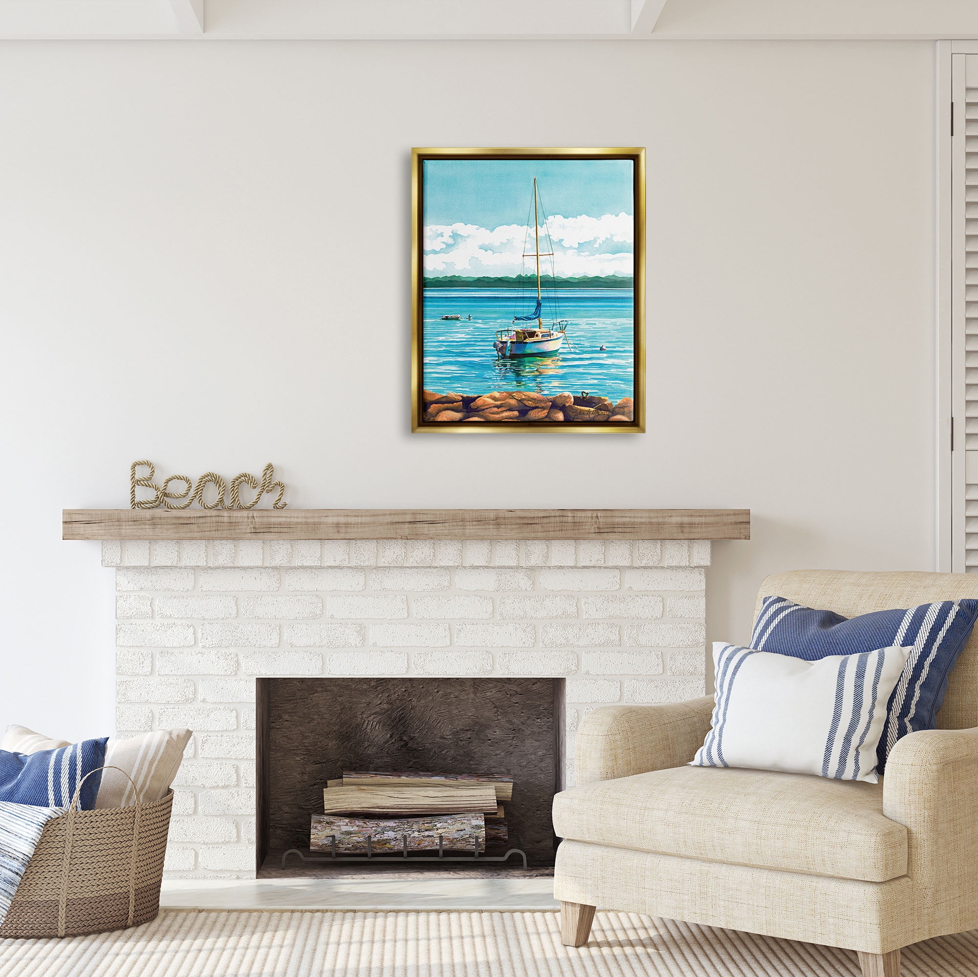 Stupell Industries Sailboat Rocky Shoreline Nature Painting Gold Floater Framed Art Print Wall Art, 25 x 31