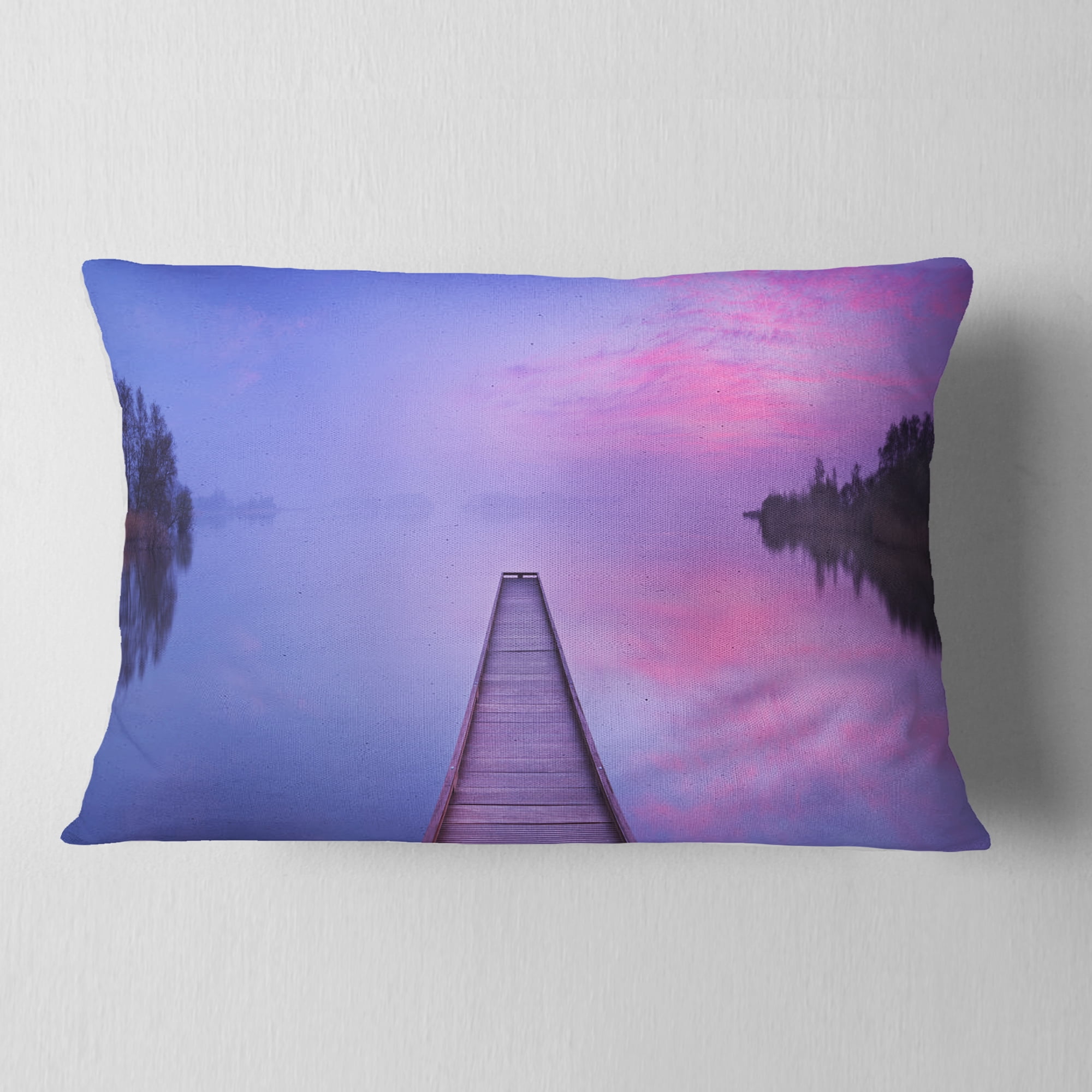 Designart Jetty in a Dawn Lake - Wooden Sea Bridge Throw Pillow - 12x20