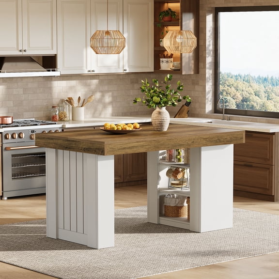 Finmind 55-inch Kitchen Island with Storage, Farmhouse Stationary Island Table with Spacious Top, for Kitchen, Living Room, Rustic Brown & White