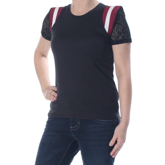 Rebellious One Juniors' Lace-Sleeve Striped-Shoulder Top (Black, L)