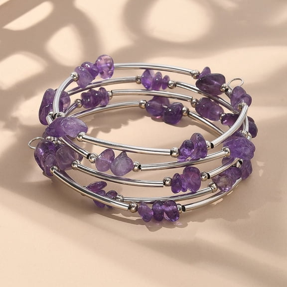 Natural Amethyst Chip Warp Bracelets Steel Bracelet Memory Wire with Brass Tube Beads and Iron Round Beads Platinum Amethyst 53mm DIY