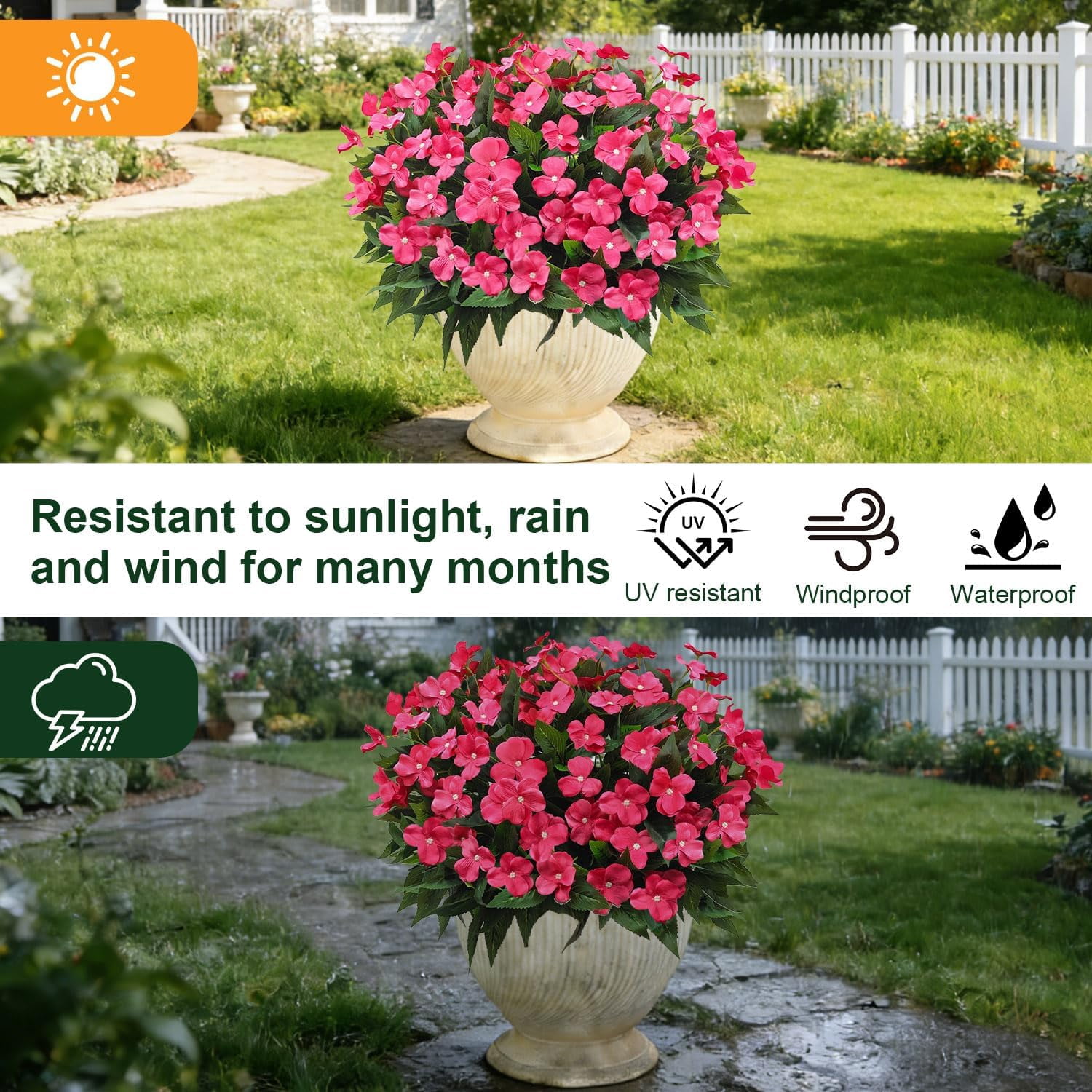 8 Bundles Artificial Impatiens for Outdoors UV Resistant Artificial Outdoor Flower Bouquet Fake Flowers Faux Plants Silk  Window Box Planter Decor(Rose Red)
