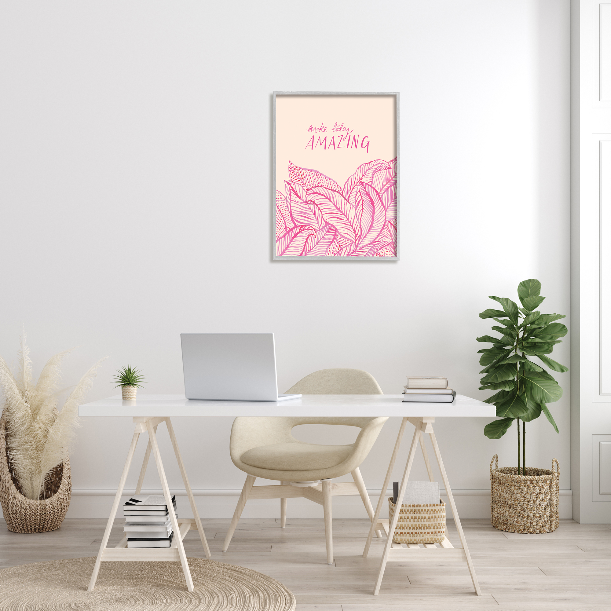 Stupell Industries Make Today Amazing Sentiment Pink Fern Leaves Graphic Art Gray Framed Art Print Wall Art, 24x30, by Heather McLaughlin