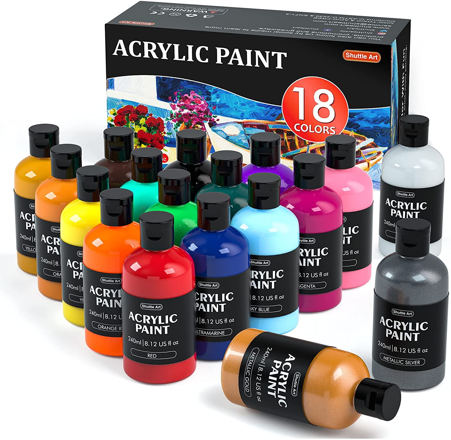 Acrylic Paint, Shuttle Art 18 Colors Acrylic Paint Bottle Set (240ml/8