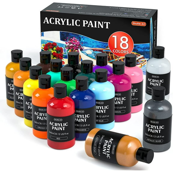 Acrylic Paint, Shuttle Art 18 Colors Acrylic Paint Bottle Set (240ml/8.12oz), Rich Pigmented Acrylic Paints, Bulk Painting Supplies for Artists, Beginners and Kids on Rocks Crafts Canvas Wood Ceramic