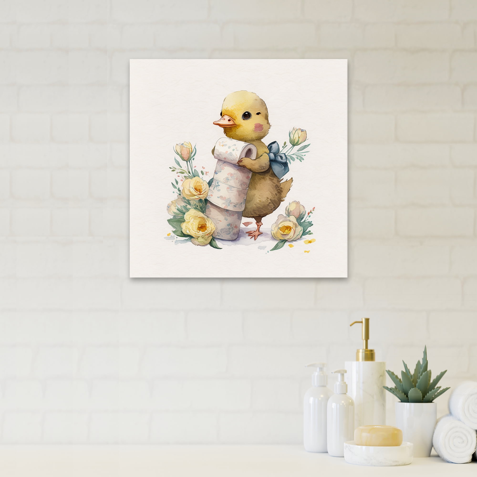 Designart Chick With Roll Of Toilet Paper And Flowers II Canvas Wall Art