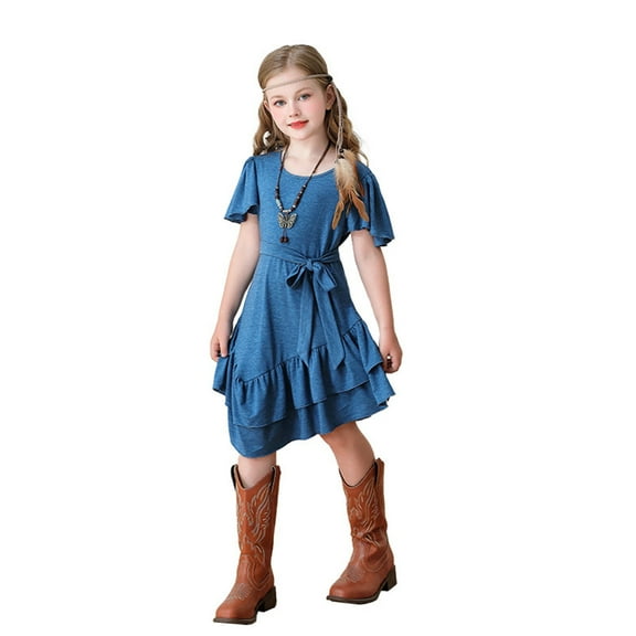 FYEGRE Elegant Girls Dress with Ruffled Hem Design for Carnival Party Performance and Hippie Cowboy Themed Events Blue 4-5 Years