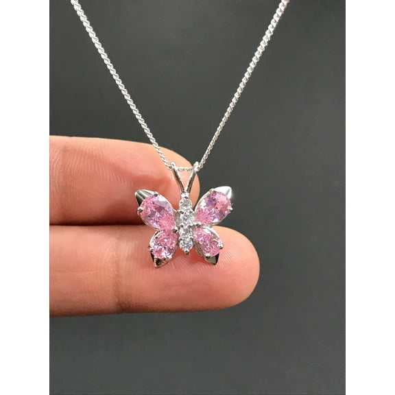 Pink Butterfly Necklace, 14K White Gold Finish Silver Pink Sapphirre Pendant