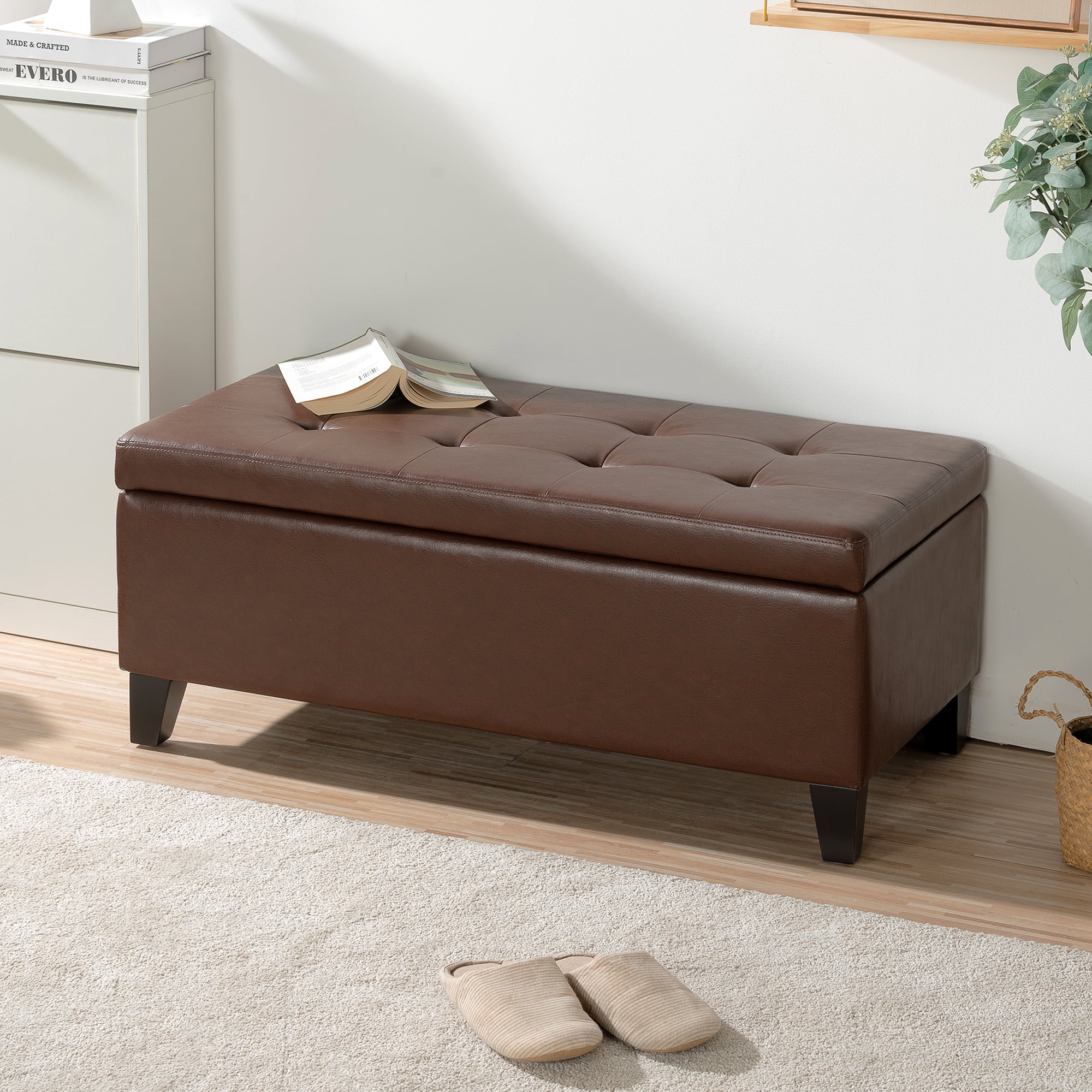 Kadyn 38.4" Storage Ottoman Bench, Folding Bench Chest Foot Rest Stool, End of Bed Bench with Wooden Legs, Brown