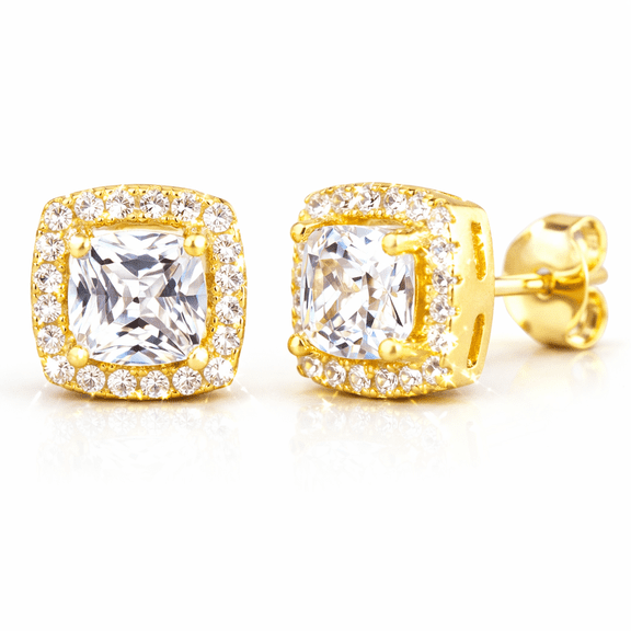 Yellow Gold Pavé Accents Cubic Zirconia Cushion Cut Stud Earrings Women/Men