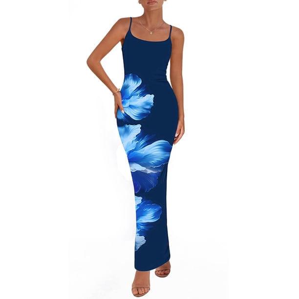 Vestido PRETTYGARDEN Floral Azul Marino Maxi con Tirantes Finos XXL