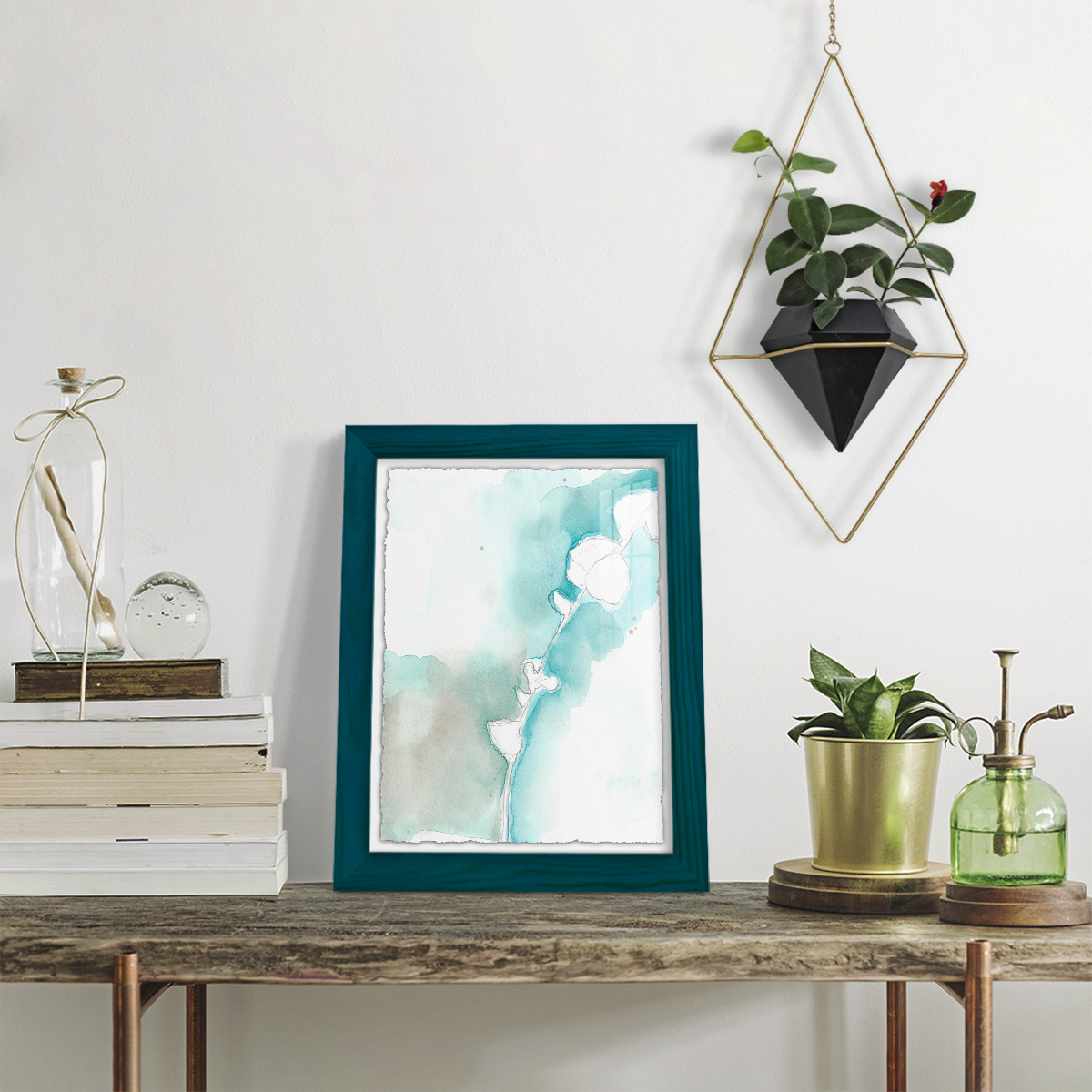 Ginkgo on Dusty Teal VII - Framed Print w/glass - Ocean Blue