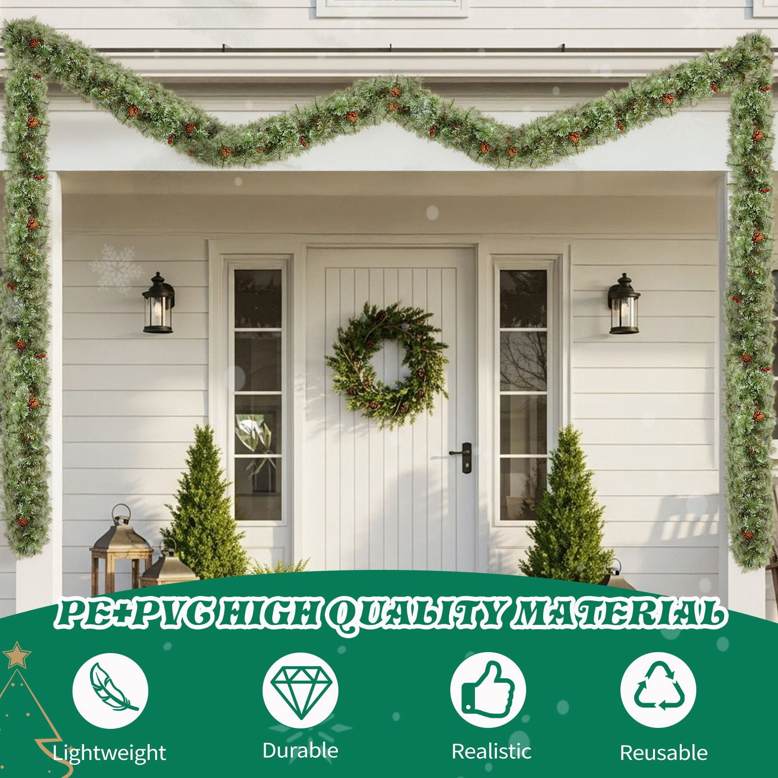 2 Pack 9FT Pre-lit Snow Flocked Christmas Garland, Lighted Artificial Xmas Garland with 200 Warm Lights and 440 Tips and Red Berries, for Front Door Gate Wall Xmas Party Decorations, Snowy Green
