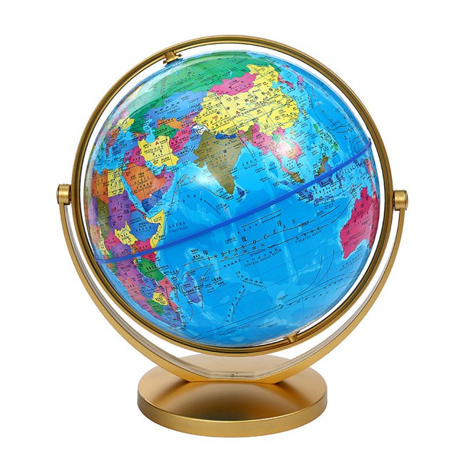 Globo terráqueo con marco dorado, material didáctico, geografía universal retro azul y blanca