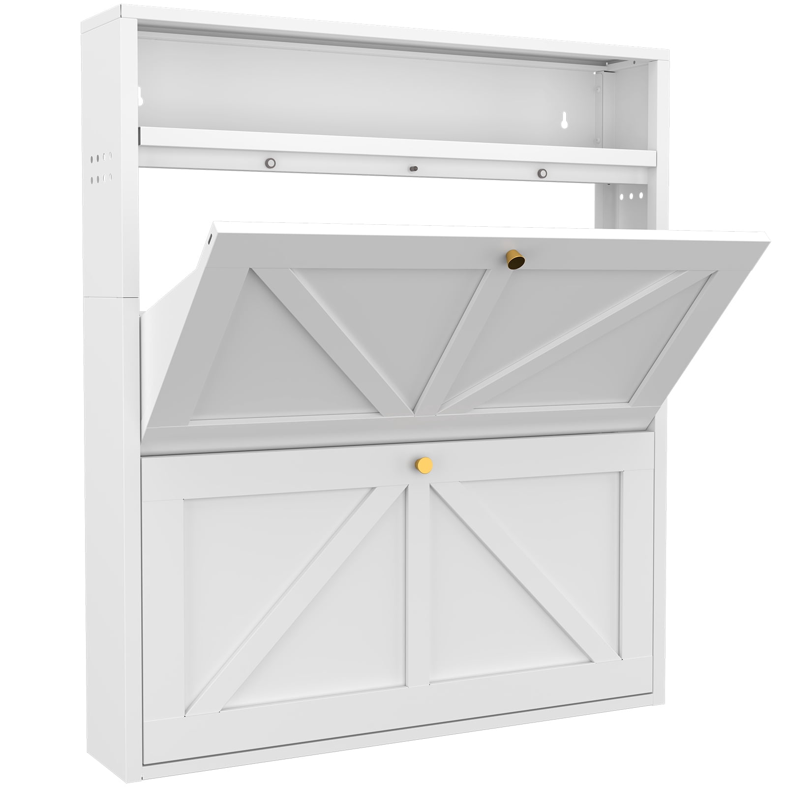 Aisword Modern Metal Shoe Cabinet with 2 Flip Drawers & Open Shelf,Narrow Slim Wall-Mounted Hidden Shoe Organizer Shoe Rack for Entryway,White