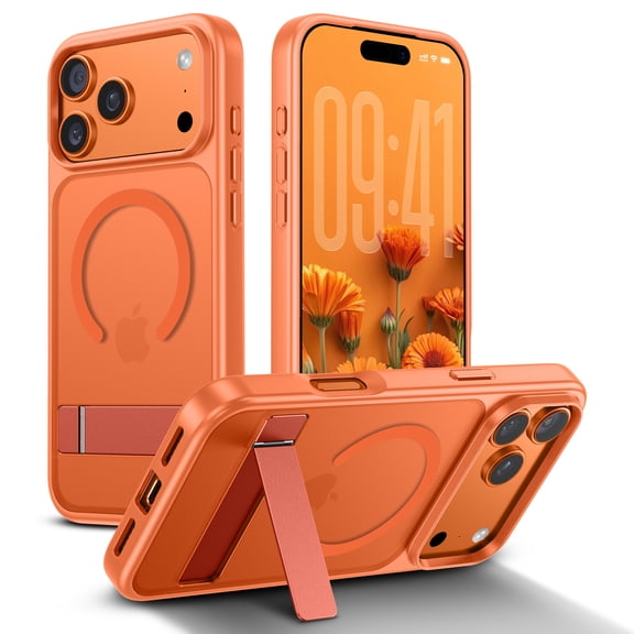 Magnetic Case for iPhone 17 Pro Max 6.9", Built-in Metal Kickstand, MagSafe Compatible Shockproof Protective Phone Cover, Orange