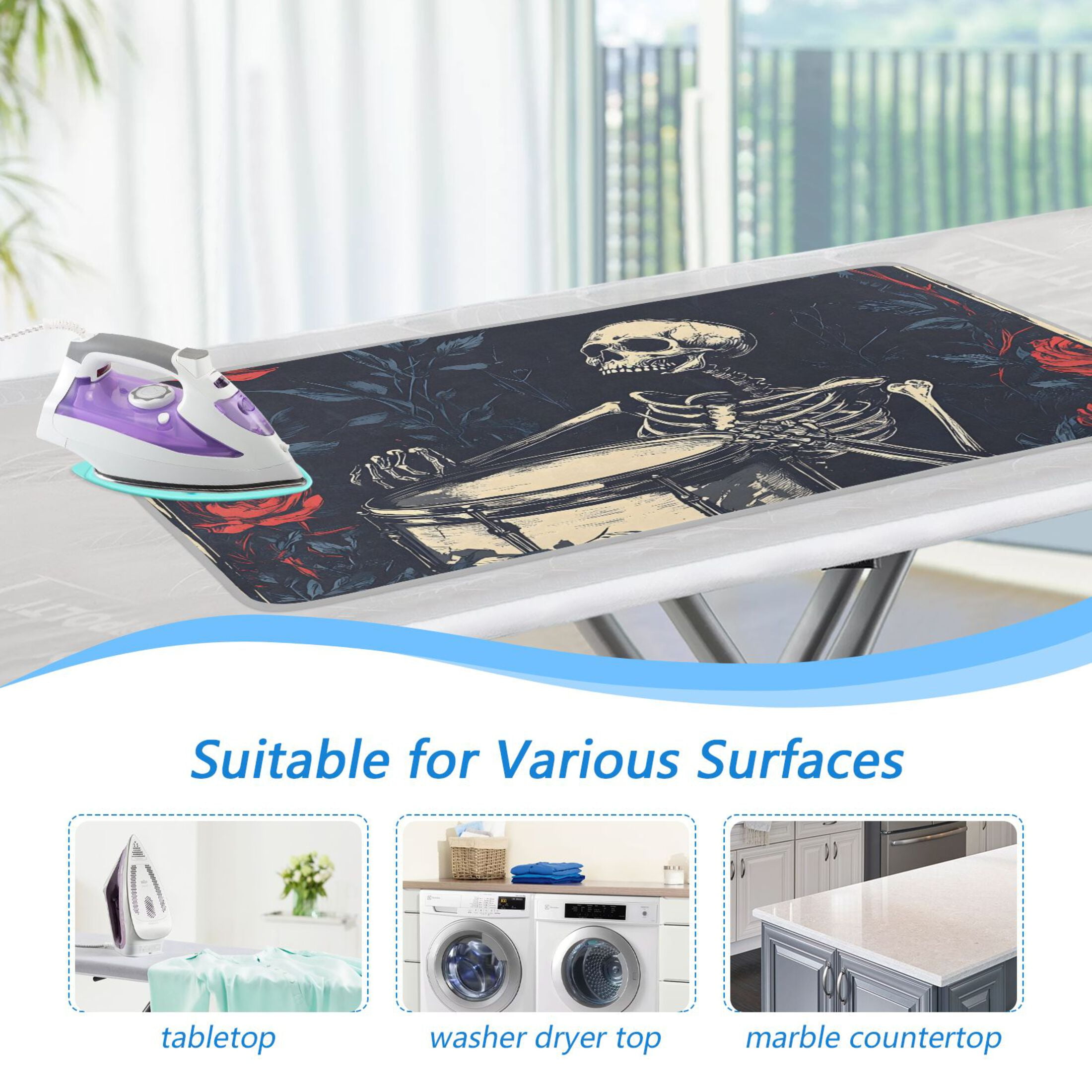 Drumming Skeleton and Rose Ironing Mat Blanket for Table Top Travel Portable Ironing Board Pad 47.2x27.6 Inch