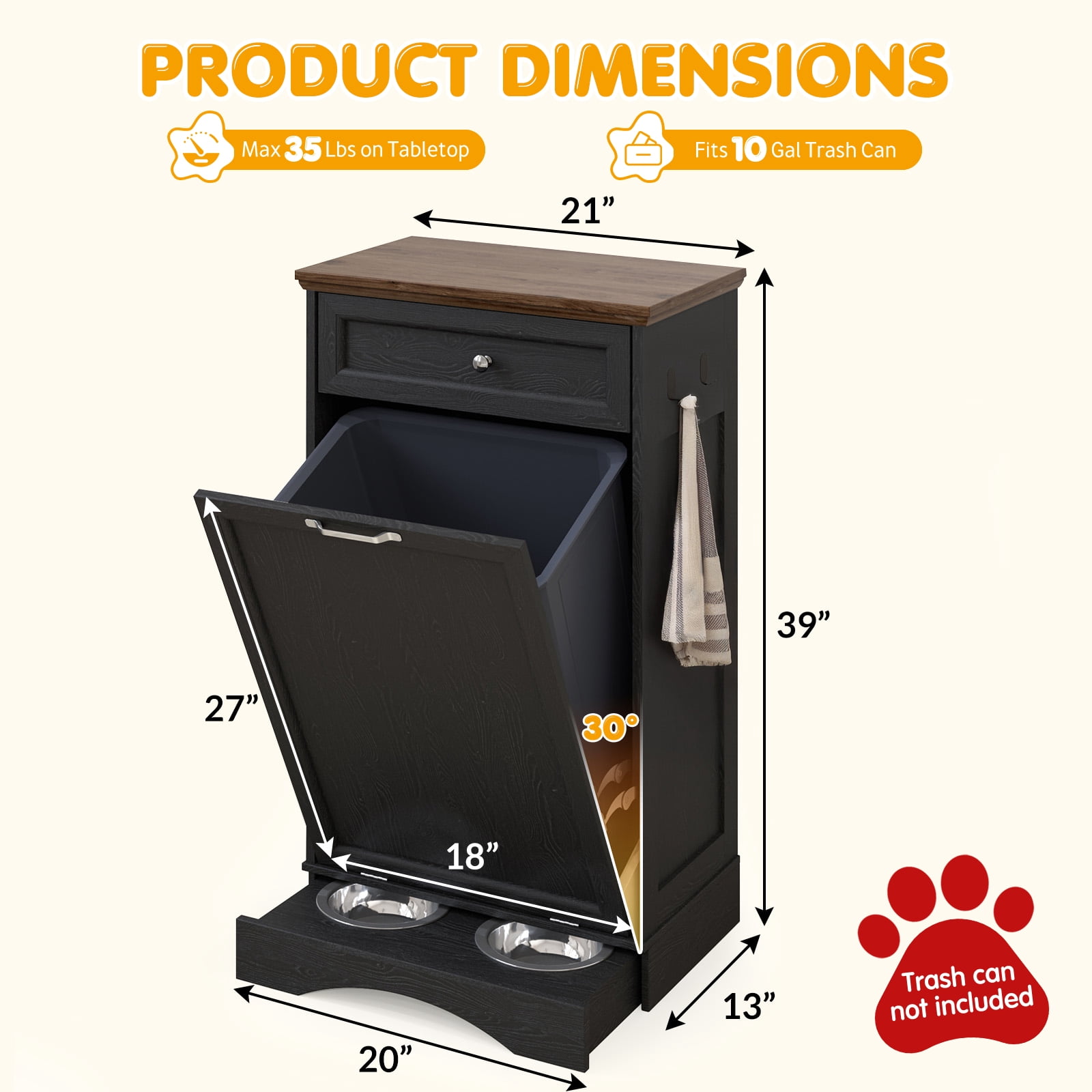 Tilt Out Trash Can Cabinet with Dog Bowl, 10 Gallons Dog Feeding Station with Storage, Dog Food Cabinet with Hideaway Drawer for Kitchen, Living Room,Laundry Room