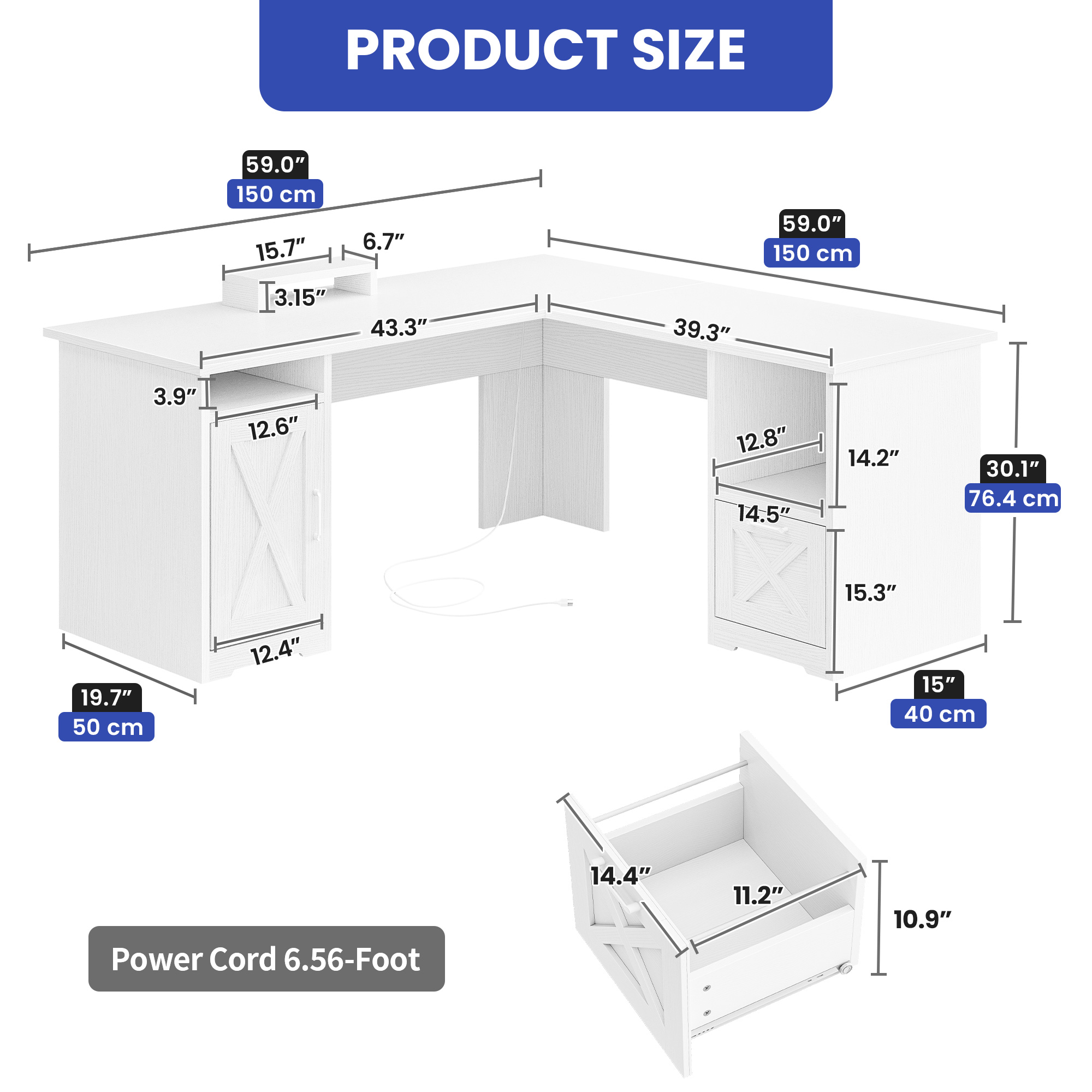 ModFusion 59 Inch L Shaped Corner Computer Desk with Power Outlets & USB Ports, Office Desk with File Drawer, Monitor Stand & Storage Shelves, White