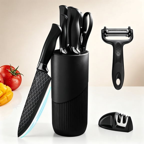 Coliware 9-Piece Kitchen Knife Set with Block, Ultra Sharp Stainless Steel Chef Knives with Non-Stick Coating Ergonomic Handle, Perfect Kitchen Home Gifts, Space-Saving & Dishwasher Safe-Black