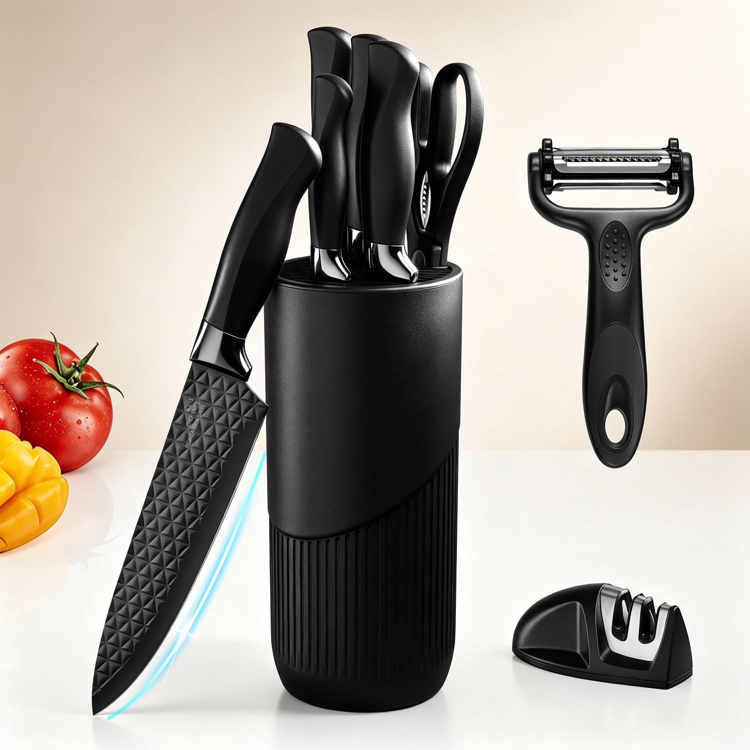 Coliware 9-Piece Kitchen Knife Set with Block, Ultra Sharp Stainless Steel Chef Knives with Non-Stick Coating Ergonomic Handle, Perfect Kitchen Home Gifts, Space-Saving & Dishwasher Safe-Black