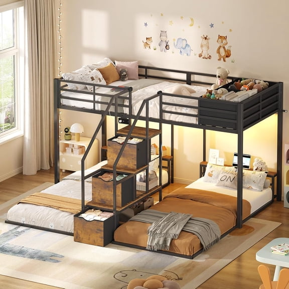 Toogaho Twin Triple Bunk Bed with Storage,Charging Station and LED Lights,Metal Twin over Twin over Twin Bunk Bed Frame for 3,Black