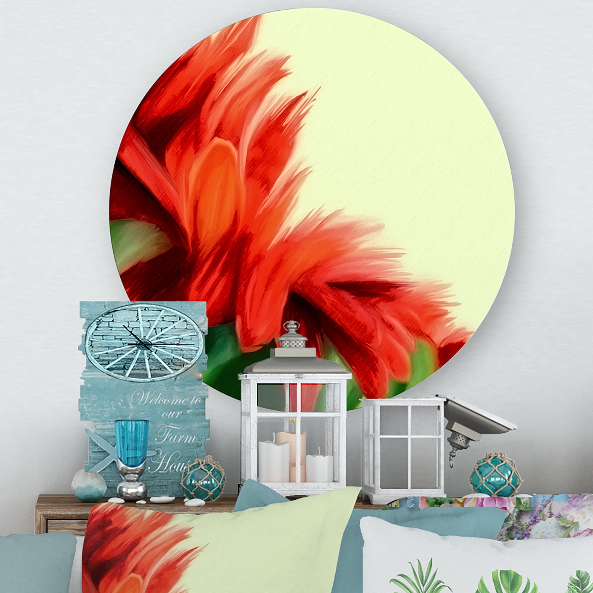 Designart 'Red Floral Brush Strokes On Green' Traditional Circle Metal Wall Art 11x11 - Disc of 11
