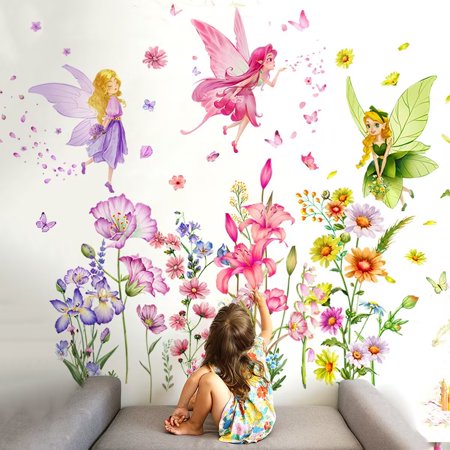 Flower Fairy Wall Stickers，Butterfly Girl Wall Decals，Removable Vinyl Wall Art Sticker for Girls Baby Nursery Kids Bedroom Living Room Bathroom，transparent stickers