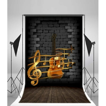 MOHome Polyester Fabric 5x7ft Photography Backdrop Retro Brick Wall Guitar Music Note Wood Floor Children Baby Kids Video Studio Photos Shooting