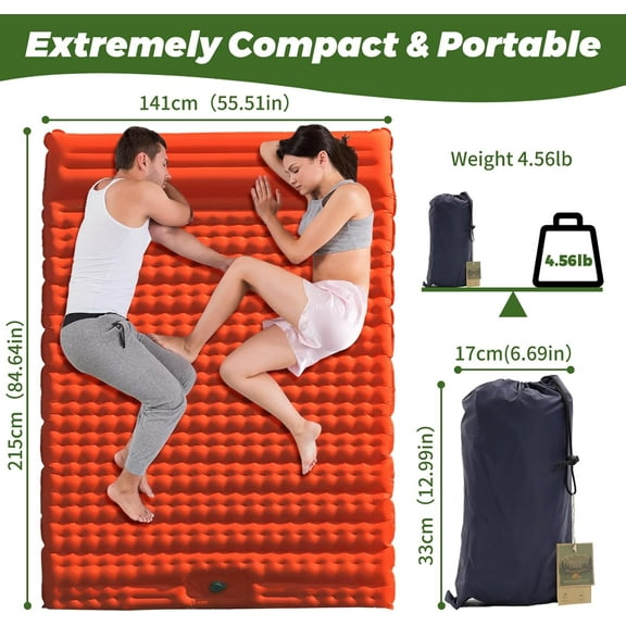 Double Sleeping Pad - Self Inflating, Portable Inflatable Sleeping Mat, Extra-Thick Large-Size Camping Pad, Built-In Foot Pump Camping Mat, Designed for Hiking, Traveling, Tent Camping (Orange)