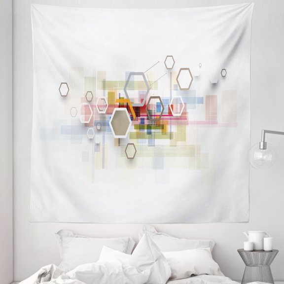 Abstract Tapestry, Technological Shapes Modern Hexagons Pastel Colored Squares and Rectangles, Fabric Wall Hanging Decor for Bedroom Living Room Dorm, 5 Sizes, Grey Multicolor, by Ambesonne