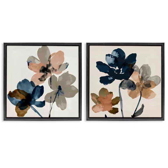 Stupell Industries Earthen Blossom Petals Plants & Flowers Painting Black Floater Framed Canvas Art Print Wall Art, 18 x 18, Set of 2