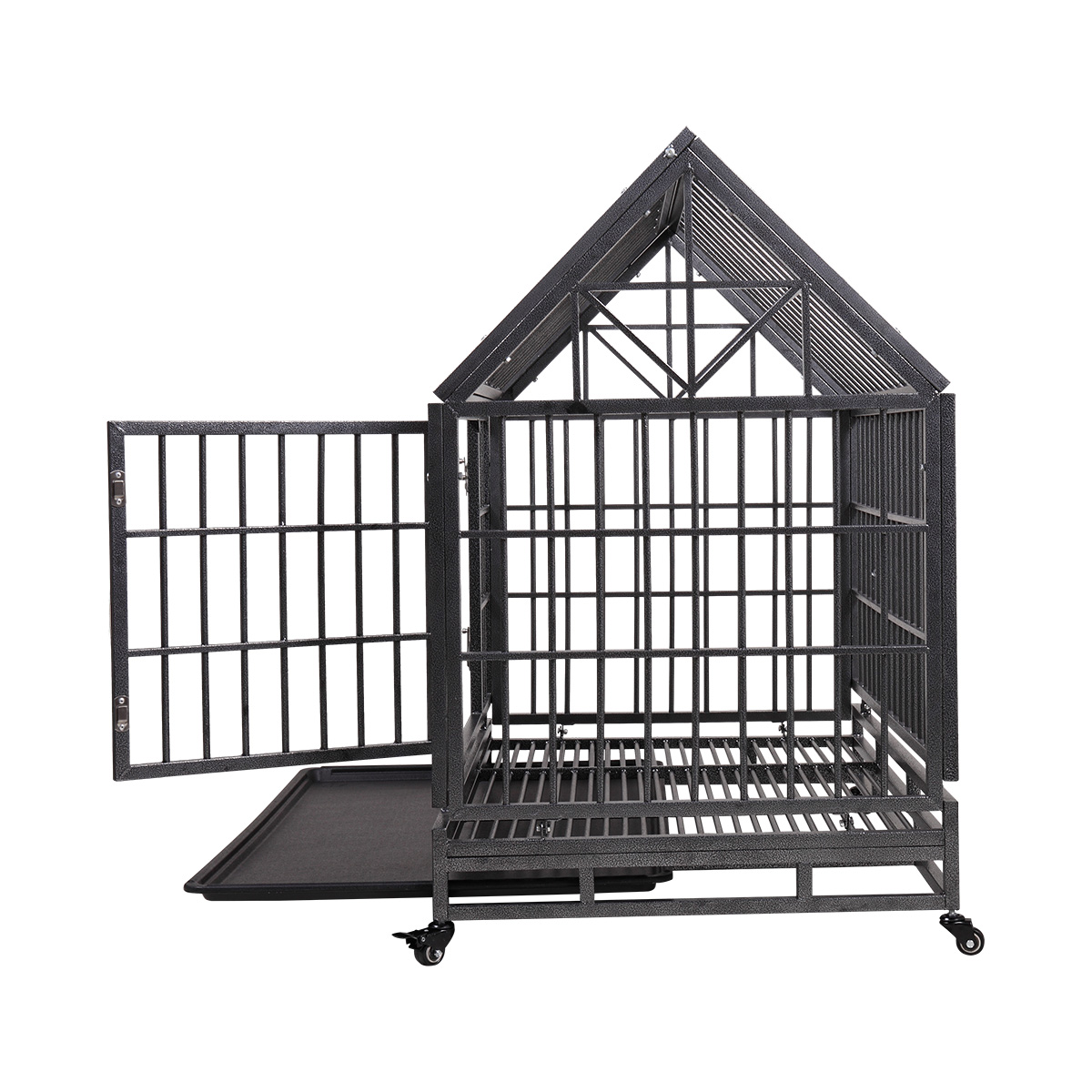 Pefilos 54" Large Dog Cage for Indoor Heavy Duty Metal Dog Crate Kennel with 4 Universal Wheels, Openable Pointed Top and Front Door, Black Pefilos 54" Large Dog Cage for Indoor Heavy Duty Metal Dog Crate Kennel with 4 Universal Wheels, Openable Pointed Top and Front Door, Black