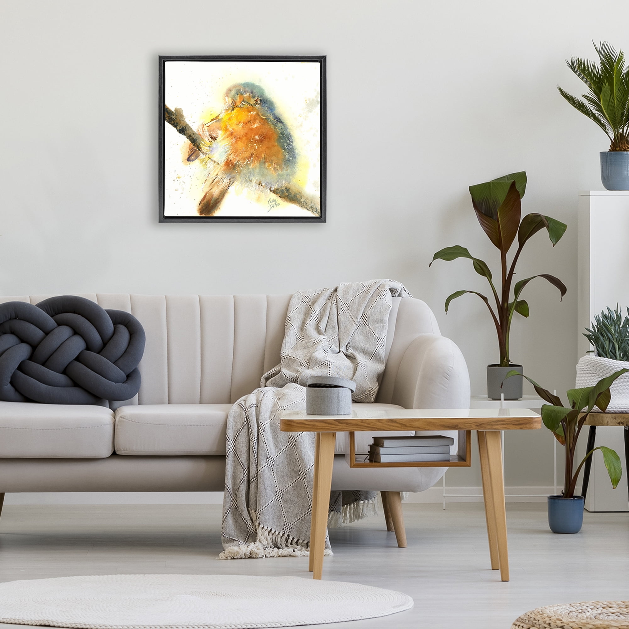 Stupell Industries Seated Songbird Watercolor Black Framed Floater Canvas Wall Art, design by Cady Driver