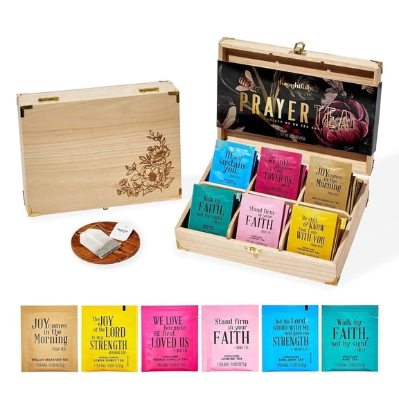 Thoughtfully Gourmet Christian Prayer Tea Gift Set, 90 Teas in 6 Flavors with Bible Verses in Premium Wooden Box for Easter Gifts