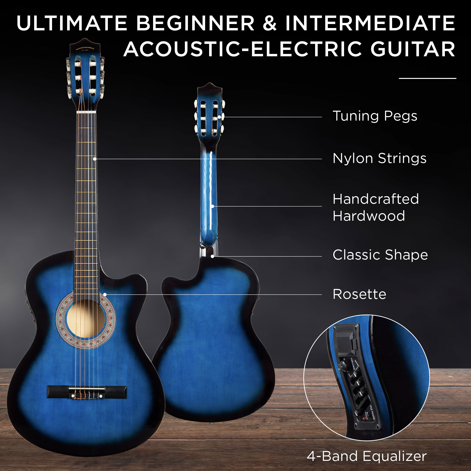 Blue 38 Inch Beginner Cutaway Acoustic Guitars with Guitar Plectrum & Guitar String 