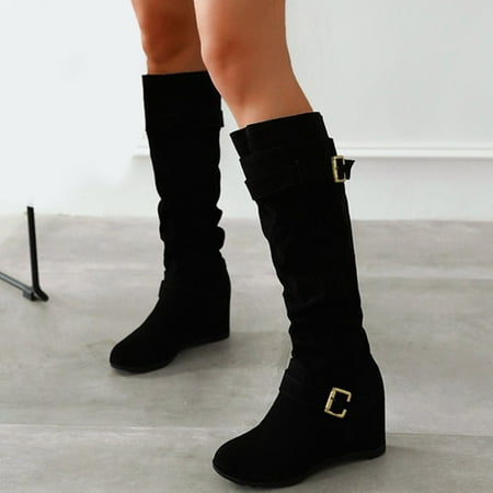 

YOUSNH Ladies Fashion Solid Suede Belt Buckle Decoration with Elevated Wedge Heel Long Boots Womens Boots Black 7.5