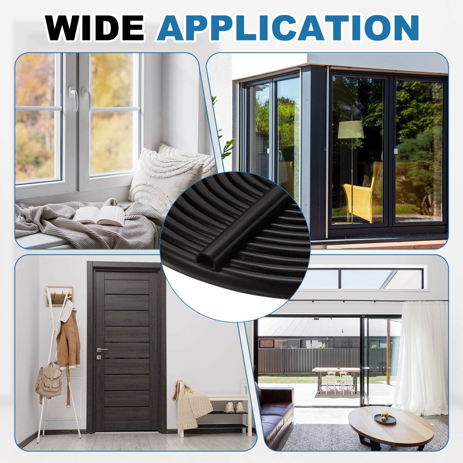 39.4Ft x 3/8" Weather Stripping Door Seal, Silicone Self-Adhesive Door Frame Seal Strip for 3/16"-1/4" Doors Window Frame Gap Filler, Black