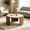 Walnut + White + MDF + Sintered Stone + Modern, variant on AUU 31.5" Modern Glossy Travertine-Look Sintered Stone Round Coffee Table with Thick Walnut Slab Legs – Luxurious Circular Center Table for Organic Modern Living Room