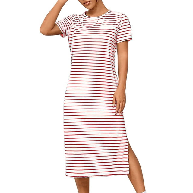 Staron Robe Rayée pour Femmes à Manches Courtes d'Été, Robe T-Shirt Rayée Ample avec Fente Latérale, Vacances, Fluide, Col Rond, Décontractée, Plage, Midi